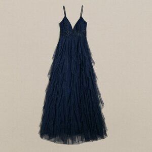 sparkly deep blue lace up ruffled halter neck  prom dress